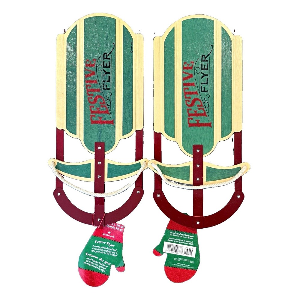 NEW Hallmark Festive Flyer Wooden Sled Christmas Decor Lot 2 Tabletop Display